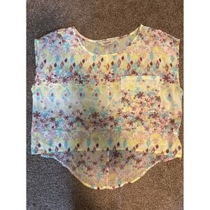 Decree High-Low Crop Top Womens Medium Multi-Color Excellent Ikat Floral Chiffon